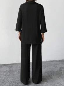 EURMUSE Donna, autunno, set di due pezzi, nero, ricamato, lunghezza regolare, camicia a maniche corte, pantalone a gamba ampia di lunghezza lunga - nero - Visualizzare 2