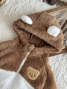 SHEIN Baby Boy Infant Toddler 0-3 Years Old Warm Fleece Flannel Khaki Beige Long Sleeve Hooded Jacket, Suitable For Outdoor Wear, Autumn/Winter Fall