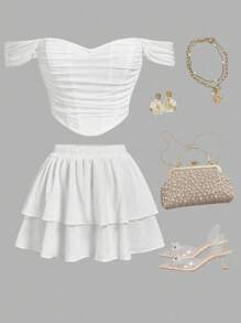 SHEIN MOD 加大码白色浪漫假日双层蛋糕荷叶边下摆裙，可爱休闲少女迷你裙白色分层裙。适合返校 - 白色 - 查看 5