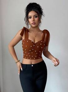 Elenzga Cute Sleeveless Tie-Up Camisole Top For Women, Elegant Romantic Pearls Decor Cropped Vest, Suitable For Music Festival, Halloween