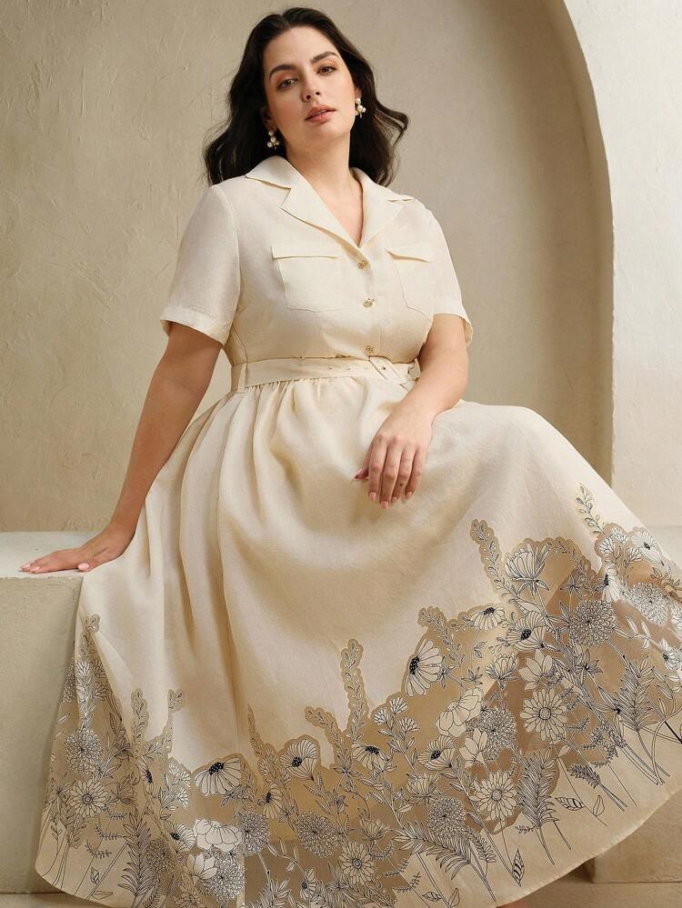 Modern Elegant Digital Floral Print Midi Dress, Suitable For Summer, Festival, Elegant, Holiday, Vacation, Party, Wedding Guest, Business Casual
