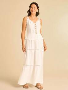 CAJUNI Falda acampanada de encaje y parches para mujer, estilo vintage casual para ir al trabajo - Blanco - Ver 7