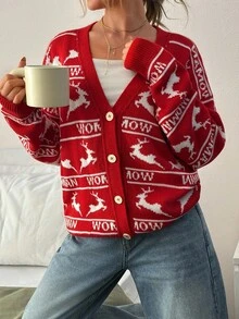 Cardigan rosso a maglia ispirato alle vacanze con motivo jacquard a strisce con renne e logo