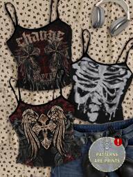 Attitoon Set de 3 piezas de top de tirantes casual vintage con ribete de contraste para mujer, adecuado para verano, estilo punk, vintage, cruz, alas, calavera, apto para Y2K, estampado grunge