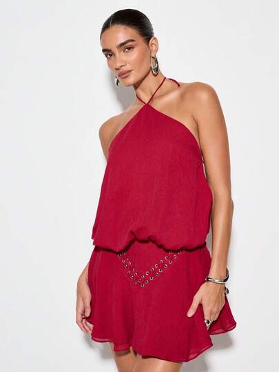 KIZN Chiffon Halter Mini Dress Flirty Ruffle Hem Summer Party Lace Up Back  Detail Sleeveless A Line Night Festival Spring Wedding GuestMISSGUIDED