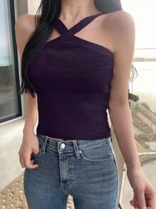 DAZY 女式条纹挂脖紧身针织上衣 - 紫色 - 查看 4