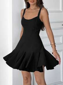 EURMUSE Summer Spagetti Strap Black A-Line Mini Dress, Back Drawstring Detailed Elegant Dress - Black - View 1
