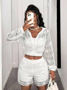 BamGleam Chic Autumn White Hollowed Out Casual Versatile Hoodie Jacket Pullover Fall - White - View 4