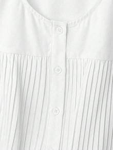 SHEIN Clasi Women's Solid Color Round Neck Ruffle Cap Sleeve Pleated Single-Breasted Elegant Blouse - White - View 5