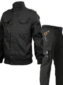 Manfinity Homme Men Casual Multi-Pocket Cargo Jacket & Pants Set Men 2 Piece Set Black Motorcycle Clothes Men Men 2 Piece Set Man 2 Piece Set Sport Men Cargo Set, Fall - Black - View 1