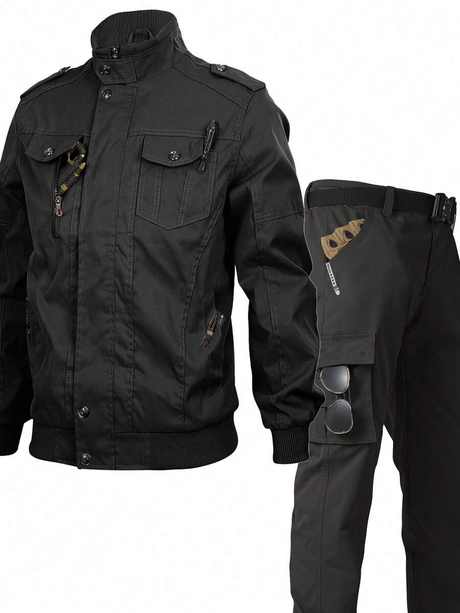 Manfinity Homme Men Casual Multi-Pocket Cargo Jacket & Pants Set Men 2 Piece Set Black Motorcycle Clothes Men Men 2 Piece Set Man 2 Piece Set Sport Men Cargo Set, Fall - Black - View 1