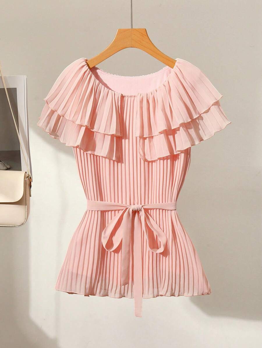 Franclia 女士粉色荷叶边下摆收腰衬衫 - 粉色 - 查看 1