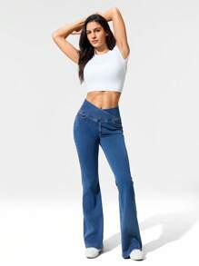 GLOWMODE Jeanius Moves Movin' And Groovin' 弹力透气提臀牛仔交叉腰喇叭腿口袋紧身牛仔裤日常休闲装 - 中等水洗藍 - 查看 7