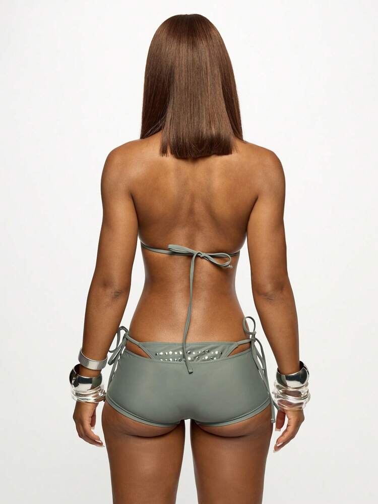 SUMWON Studded Triangle Bikini Set Metallic Accents Adjustable String Low Rise Brazilian Cut Beachwear Resort Wear Summer Vacation Pool Party Beach Fashion Swimsuit Women