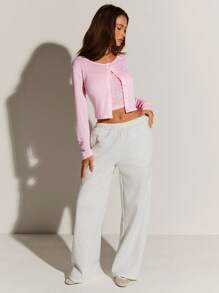 Athîral Women's Casual Solid Color Front Button Long Sleeve Top & Camisole 2-Piece Set Cropped Cardigan Crop Cardigan Women Long Sleeve Crop Top Pink Cardigan Button Up Cardigan - Pink - View 4