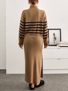 EURMUSE Damen-Set mit Streifenmuster, hohem Halsausschnitt, geripptem Detail, Pullover und Pulloverrock, Drop-Shoulder