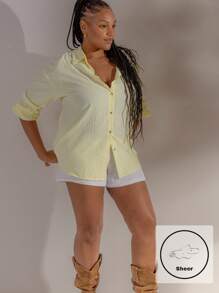 Aralina Curve Summer Resort Vacation Western Plus Size Textured Stripe Beach Cover Up Shirt - Yellow - View 1