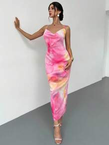 Firerie 夏季新款女装连衣裙，简约优雅浪漫，适合休闲约会、假日海滩派对，黄粉色花卉印花，褶皱纹理面料，细肩带甜心领无袖修身长裙 - 玫紅色 - 查看 4