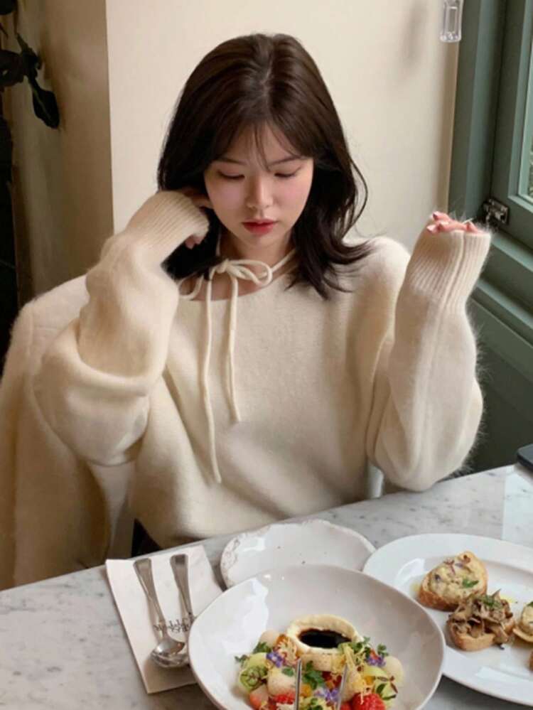 Autumn/Winter Versatile Round Neck Halter Tie Design Loose Fit Long Sleeve Sweater For Women,Fall Women Clothes