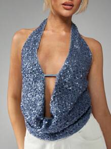 MISSGUIDED Glamorous Sequin Halter Cowl Neck Backless Party Evening Top Club Festival Draped Front Summer Cropped Blouse - Dusty Blue - View 4