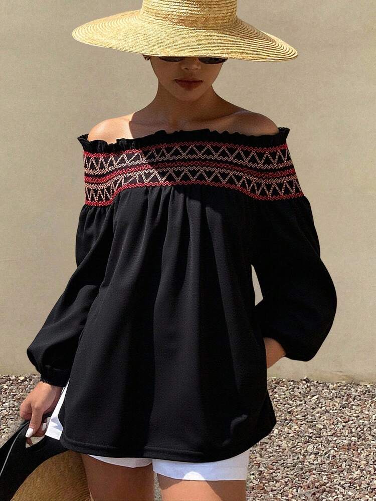 Women's Casual Holiday Bohemian Colorblock Plaid Rainbow Striped Off Shoulder Loose Long Sleeve Top, Suitable For Spring, Summer, Autumn,Fall Women Clothes Boho