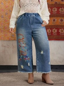 EMERY ROSE 大码女式复古水洗做旧刺绣9.5英寸直筒牛仔裤，夏季 - 淺色水洗藍 - 查看 1