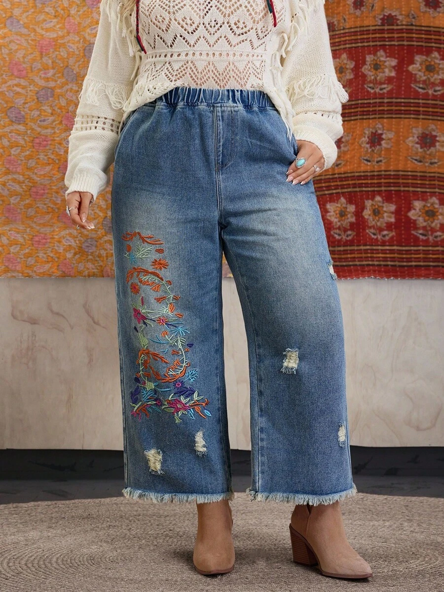 EMERY ROSE 大码女式复古水洗做旧刺绣9.5英寸直筒牛仔裤，夏季 - 淺色水洗藍 - 查看 1