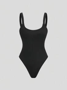 Sweetra 女式基本款圆领无袖镂空后背连体衣，黑色，春夏 - 黑色 - 查看 3