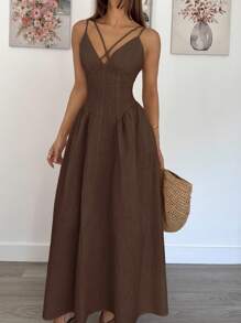 Siren Gaze Trang phục giáo viên cho phụ nữ, váy dài chữ A, eo, váy đi chơi cho khách dự tiệc cưới, váy vàng bơ, váy vàng bơ, phong cách quý tộc cổ điển, váy xếp nếp thanh lịch, thiết kế chéo màu trơn cho nữ - Cà phê nâu - Xem 6