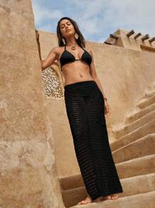 Swim Chiccia Women's Casual 3D Crochet Floral Decor Hollow Mesh Cover-Up Skirt, Elegant High Slit Thigh-Length Beach Dress For Spring/Summer, Suitable For Swimming, Vacation