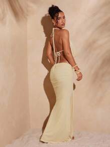 Hauture Conjunto de 2 piezas de top halter con espalda descubierta y falda de cola de pez, para mujer, de verano - Amarillo - Ver 5