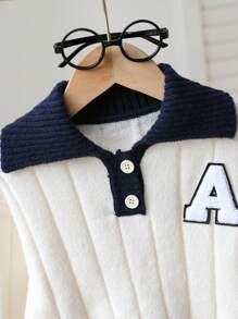 SHEIN 小男孩厚字母贴花半拉链针织毛衣，长袖，秋冬 - 白色 - 查看 7