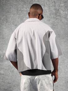 SUMWON Grunge Culture Check Pattern Block Design Crop Shirt Oversized Button Down White Patchwork Grey Panel Loose Fit Urban Street Style High Fashion