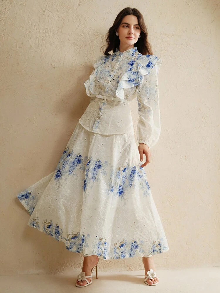 2 Stücke elegantes Rüschen-besticktes Blumen-Muster Langarm Bluse mit Mandarin-Kragen und ausgestellter Midi-Rock Set für Frauen