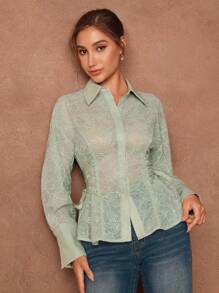 SHEIN Unity Grön Elegant Romantisk Broderad Paljett Halvtransparent Blus Med Justerbar Midja Och Rosett Med Dragsko - Grön - Visa 3