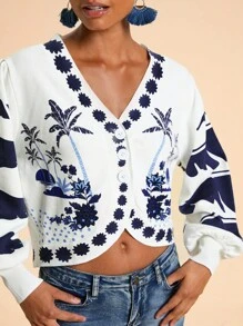 Travachic Damen Langarm Strickjacke mit Palmenmuster, Knopfleiste, Herbst Damen, Ostern, Urlaub, Strand für Frauen, Urlaub Frauen, Konzert Frauen, BOHO, Bohemien, Musikfestival, Tropischer Urlaub Frau, Romantisch, Herbst, Winter, Weihnachten, Ausgehen Tops Frauen, Ausgehen Tops, Lässig, Niedlich