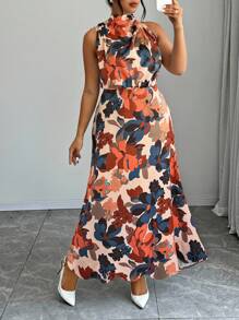 Elenzga Women's Floral Allover Print Sleeveless Stand Collar Casual Long Dress Easter Wear - Multicolor - View 1