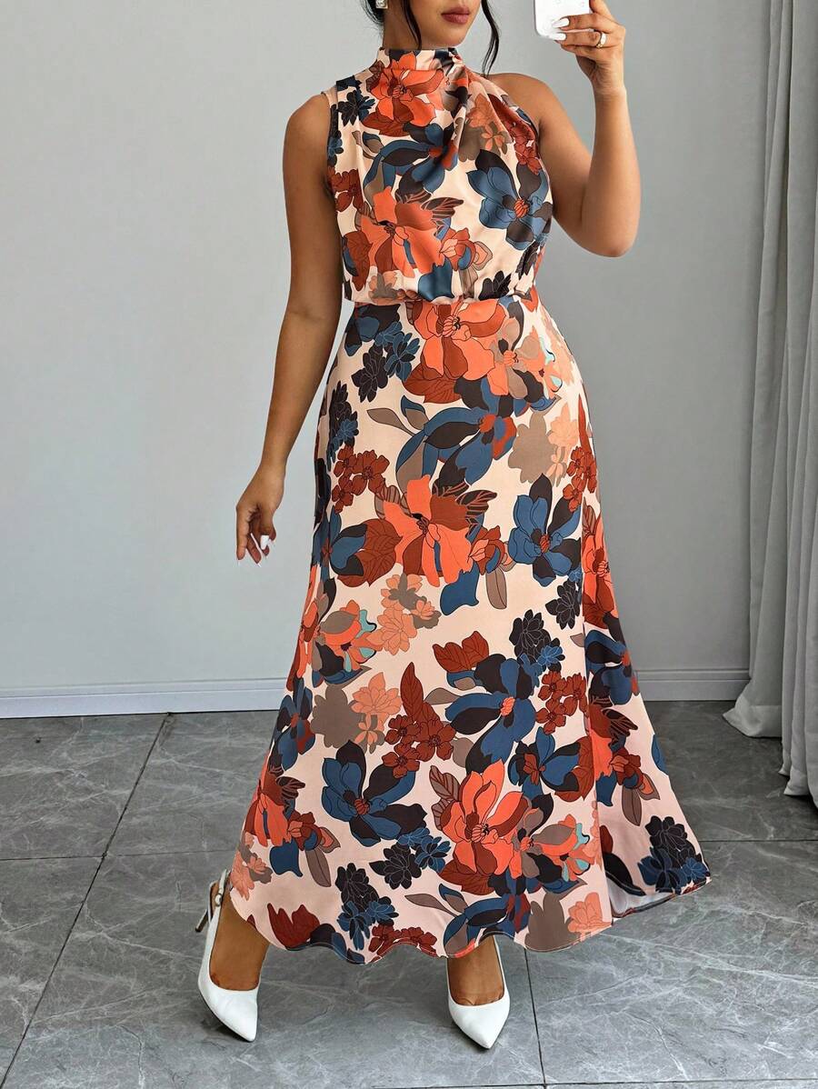 Elenzga Women's Floral Allover Print Sleeveless Stand Collar Casual Long Dress Easter Wear - Multicolor - View 1