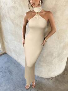 Aloruh 女士优雅性感金属扣装饰镂空紧身黑色针织弹力连衣裙 - 杏色 - 查看 5