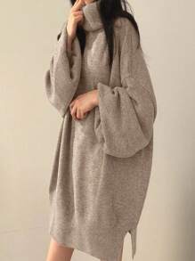 SoleilVie فستان كنزة صوفية كاجوال فضفاض متعدد الاستخدامات بأكمام طويلة وياقة عالية للنساء، ملابس كنزة صوفية مصنوعة من الصوف للجامعة في فصلي الخريف والشتاء للنساء