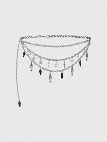 ROMWE 1pc Women's Silver Cross, Coffin & Skull Decor 3-Layer Chain, Goth Style Waist Chain Accessory, Versatile For Daily Wear & Halloween - Silver - View 1