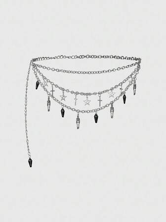 1 Stück Damen Silber Kreuz, Sarg & Totenkopf Dekor 3-lagige Kette, Gothic Stil Taillenkette Accessoire, vielseitig für den täglichen Gebrauch & Halloween