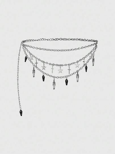 1pc Women's Silver Cross, Coffin & Skull Decor 3-Layer Chain, Goth Style Waist Chain Accessory, Versatile For Daily Wear & Halloween