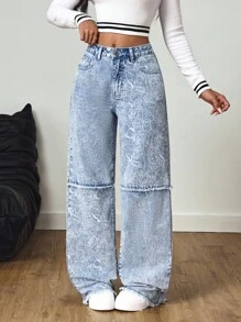 SHEIN Tall Printed Patchwork Light Wash Distressed Wide Leg Jeans - Light Wash - View 6
