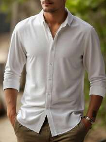Camisa casual de unicolor y manga larga sencilla para hombre - Blanco - Ver 3