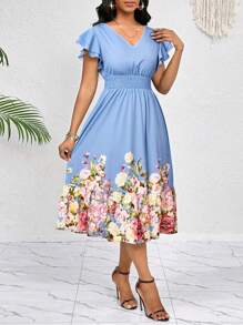 SHEIN Lady 女装优雅度假休闲通勤浪漫碎花下摆定位印花荷叶袖V领收腰A字荷叶边下摆中长连衣裙春夏秋季装 - 彩色 - 查看 4