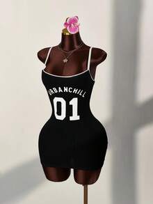 Amplova Sports Numeric Color Block Lace Patchwork Bodycon Mini Dress Black Dress - Black - View 3