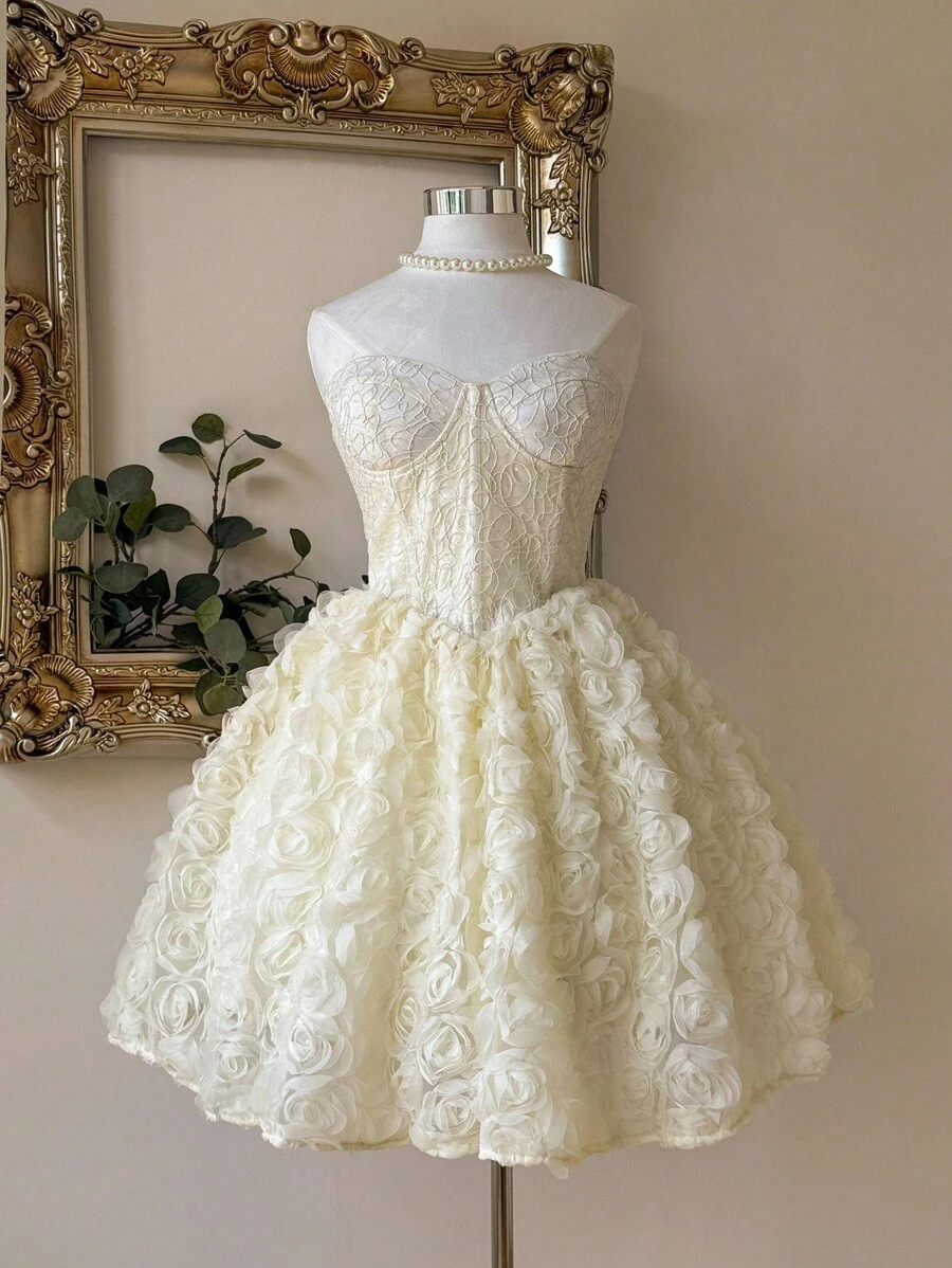 Lovelzi Váy vải voan hoa 3D xương cá đính hạt màu trắng kiểu cung điện sang trọng, thanh lịch, quý phái, thích hợp cho tiệc đơn, đám cưới, tốt nghiệp, kỳ nghỉ, tiệc chia tay cuộc sống độc thân