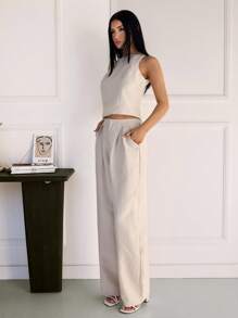 SHEIN Tall Bộ 2 món áo thun cổ tròn không tay màu trơn và quần xếp ly thường ngày cho nữ - Màu be - Xem 7