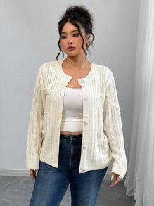 Elenzga Plus Size Casual Solid Color Knit Cardigan Fall Winter Cloth For Women Autumn - White - View 4
